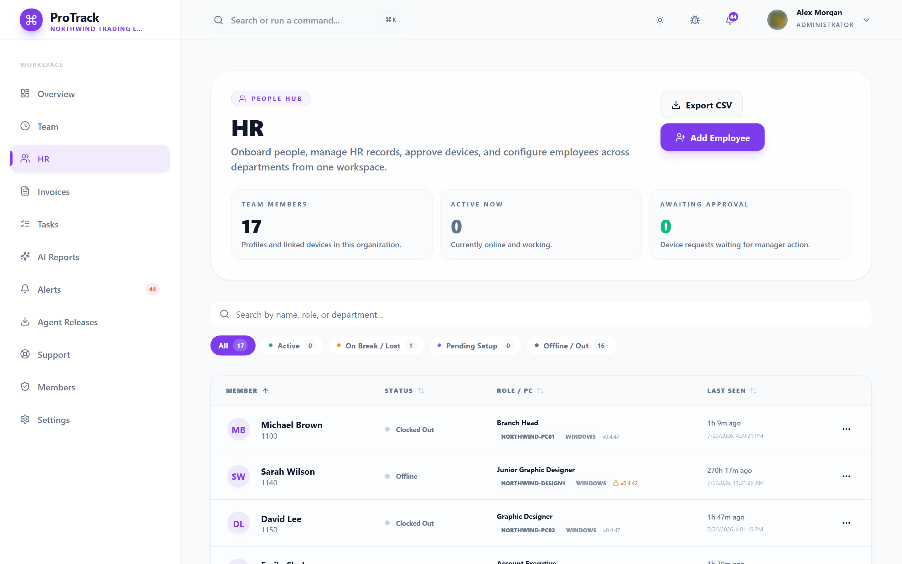 ProTrack team directory with populated employee records